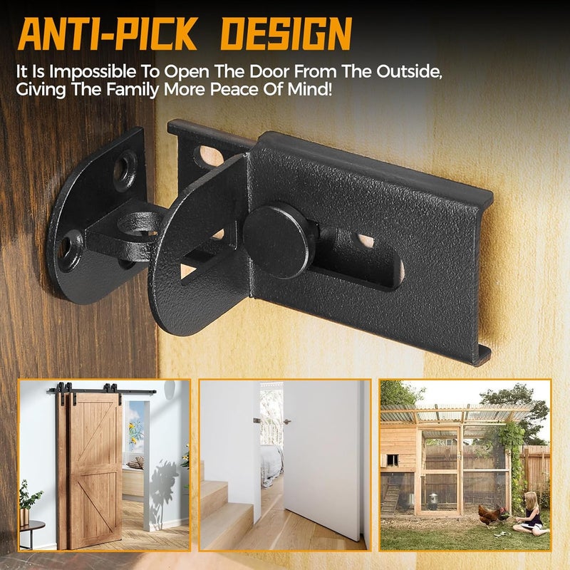 GMSP Sliding Door Lock, 90 Degree Door Hasp Latch Lock, Stainless Steel Security Right Angle Padlock with Screws for Push/Sliding/Barn Doors (1PC, Black) - Image 2